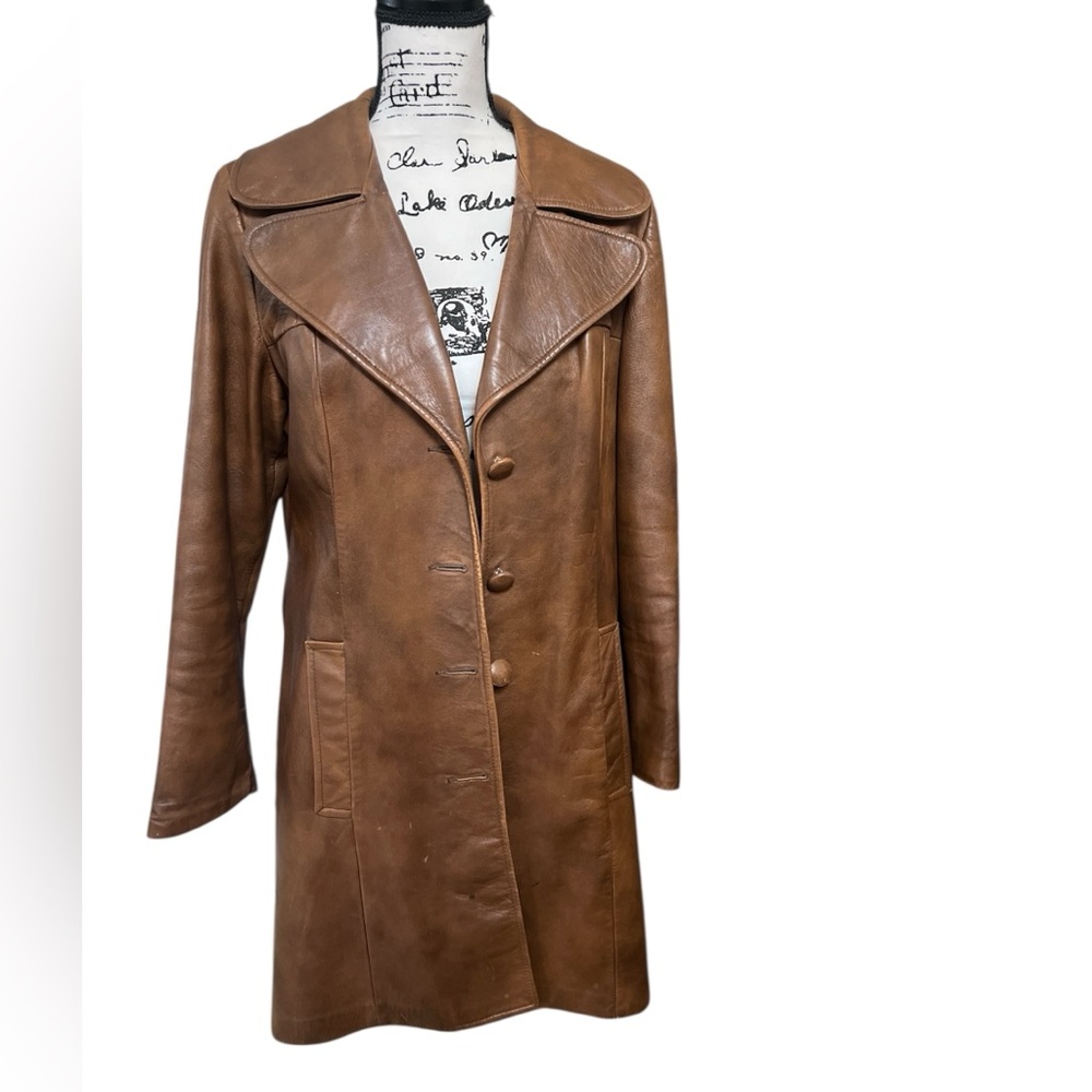 Vintage Leather Coat, Tan Mid Length Button Front, Womens Sz M